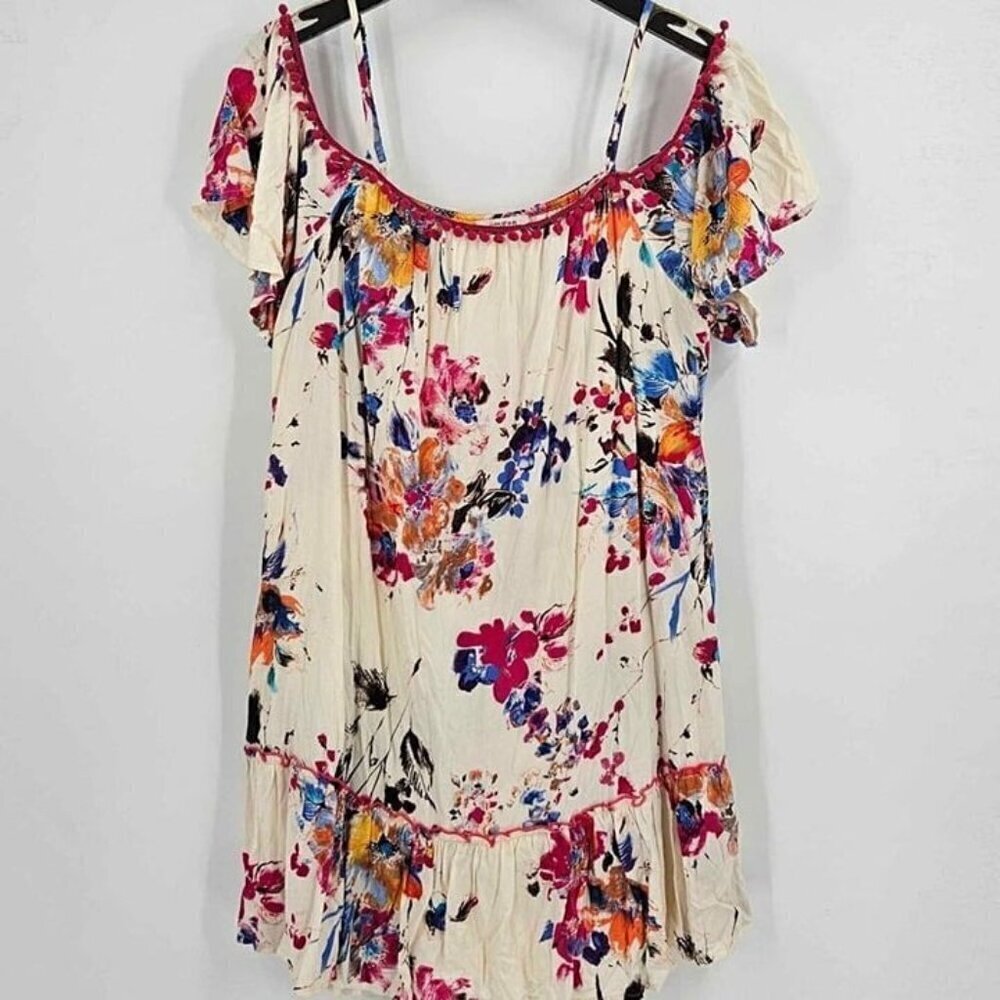Umgee Womens M Floral BohoTop Cold Shoulder Adj Straps Pom Pom Trim Ruffle Hem